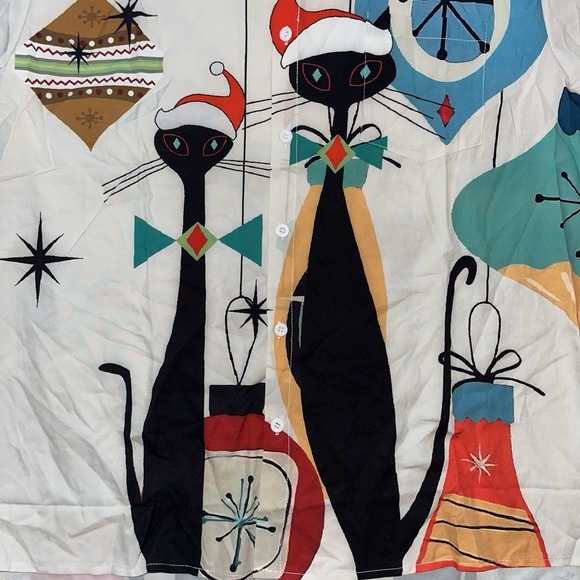 New Hawalili Retro Christmas Cats Short Sleeve Button Up Polyester Shirt Mens XL - Picture 2 of 6